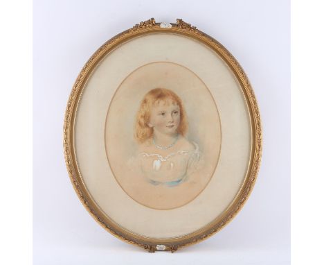 19th Century British School.  Portrait of a Little Girl with a pearl necklace, head and shoulders in an oval. Watercolour.  I