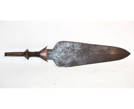 A Kuba Knife, DRC, the 39cm broad leaf shape blade with slightly raised medial ridge, the knopped hilt bound in sheet copper 