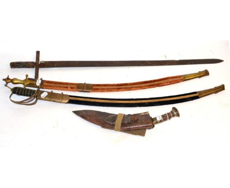 A Sudanese Kaskara, the triple-fullered blade stamped twin half moon emblems, leather-bound grip (scabbard lacking); a kukri,