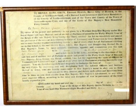 A Framed Victorian Commission, by Henry Earl Grey, to Walter William Spencer, Ensign, First Newcastle on Tyne Rifle Volunteer