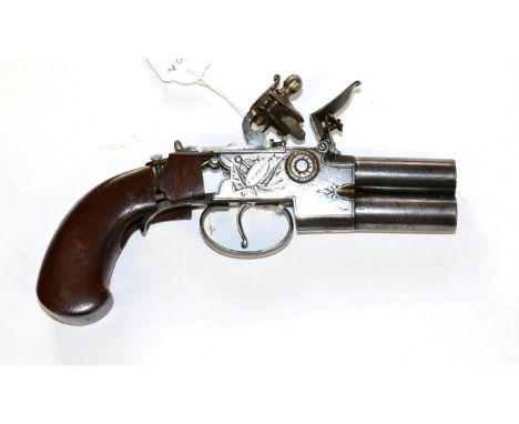 An Early 19th Century Over and Under Tap Action Flintlock Pistol, by Spencer, London, with 4.3 cm barrels, the lock engraved 