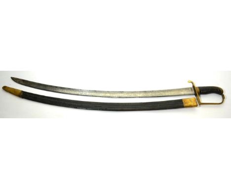An 1800 Pattern Type Cavalry Sword, with 81cm plain single edge fullered broad steel blade, brass stirrup hilt with ribbed ho