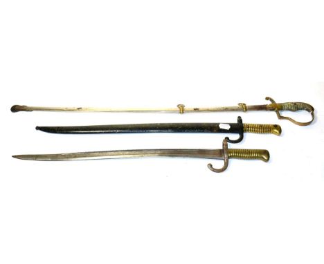 An Imperial German Army Officer's Sword, the 78cm epee blade etched with martial trophies, the brass stirrup hilt with wire b