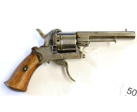 A 19th Century Belgian Pinfire Revolver, with 8.5cm sighted octagonal barrel, with ejector rod to the right side, the plain c