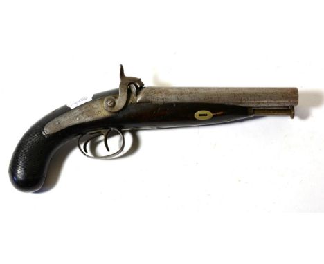 A 19th Century Side-by-Side Double Barrel Percussion Pistol by Banner, the barrels length 17.8 cm, the lock, hammers and trig