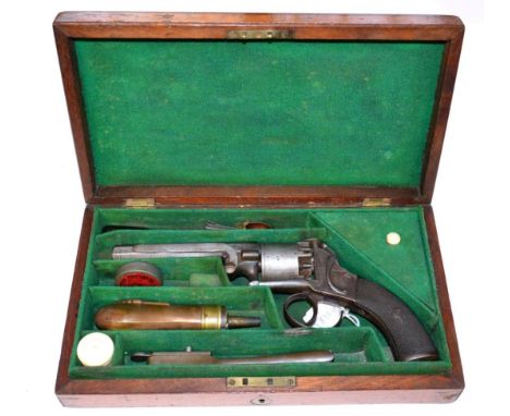 A Webley Bentley Type 80 Bore Five Shot Percussion Self Cocking  Revolver, the 12.5cm octagonal steel barrel with bead fore-s