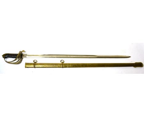 A Copy of a Victorian 1854 Pattern Infantry Sword, the brass gothic hilt pierced with VR cypher, with brass scabbard
