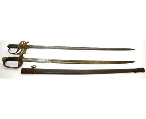 A French 1845 Pattern Infantry Officer's Sword, the 77cm flat back single edge steel blade with a broad fuller and a narrow f