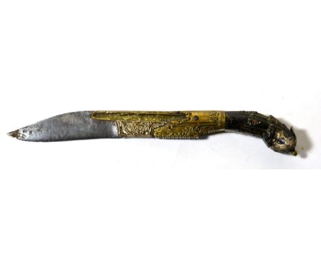A 19th Century Ceylonese Pia Ketta, the 16cm single edge clip point steel blade with a narrow fuller to the back edge inlaid 