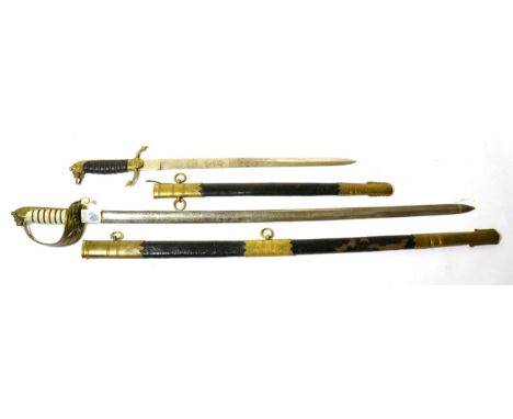 A Copy of a British Naval Dirk, with brass mounted leather scabbard; a Copy of a Naval Sword, the brass gothic hilt with hing