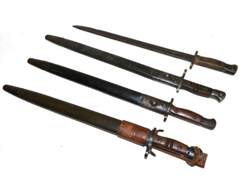 A British 1907 Pattern Bayonet, by Sanderson, issue marks for '10, with steel mounted leather scabbard; another Example, lack