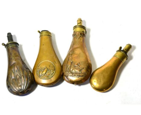 A 19th Century Copper Powder Flask by G & J W Hawksley, of plain bag form, with external steel spring and brass charger stamp