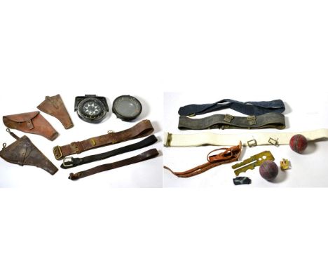 A Small Quantity of Militaria, including a Type P4A compass no.21422T, a similar compass, a brass button plate, three leather