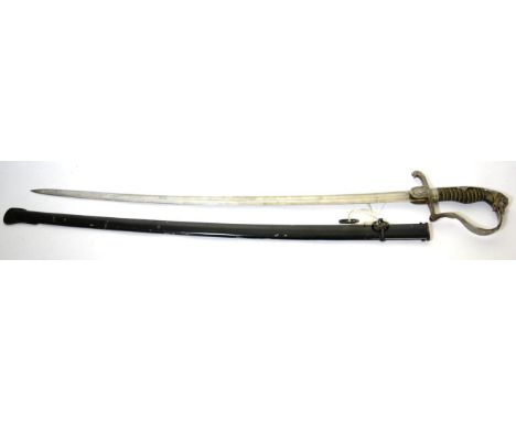 A Prussian Artillery Officer's Sword, with 74.5cm plain single edge fullered steel blade, the white metal stirrup hilt bearin