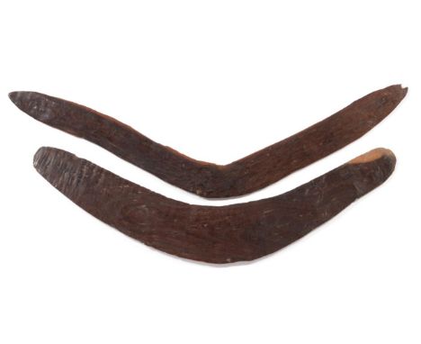 Two Early Pre-contact Australian Aboriginal Boomerangs, each with dark rich patina, one wide and slightly convex to one side,
