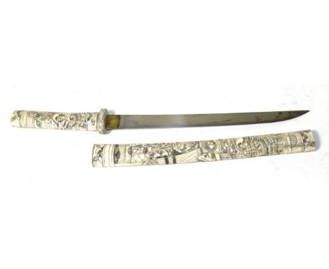 A Late 19th Century Japanese Wakizashi,  the 29cm single edge steel blade with single piece brass habaki, the sectional bone 