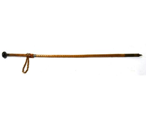 An Unusual Early 20th Century Swordstick, with compressed globular horn pommel, plaited leather bound grip, the whole unscrew