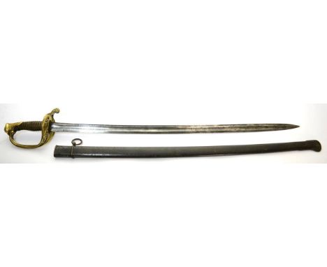 A French 1845 Pattern Infantry Officer's Sword, the 77cm flat back single edge steel blade with a broad fuller and a narrow f