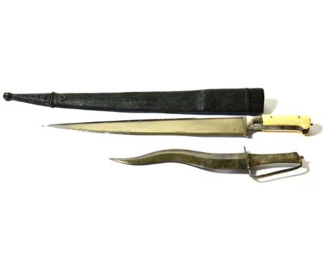 An Indian Khyber Knife, the 39 cm steel blade of T-shaped profile, the steel hilt with polished ivory grip scales, the shagre