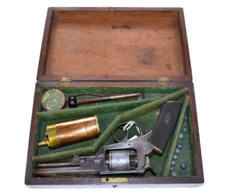 A Webley Wedge Frame 80 Bore Five Shot Percussion Revolver, double action, the 11cm octagonal blued steel barrel and numbered