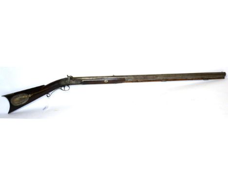 A 19th Century American Percussion Long Rifle by E W Andrews, Cleveland, the 86.5cm octagonal steel barrel with brass bead fo
