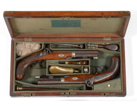 A Pair of 19th Century Officer's 22 Bore Percussion Pistols, each with 18.5cm octagonal steel barrel, with two gold lines and