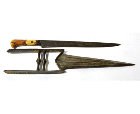 An 18th Century Indian Katar, the 23cm spear point steel blade with two fullers to each side and with swollen tip, the two ba