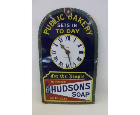 A Hudson's Soap part pictorial Public Bakery enamel clock, 10 1/2 x 18".