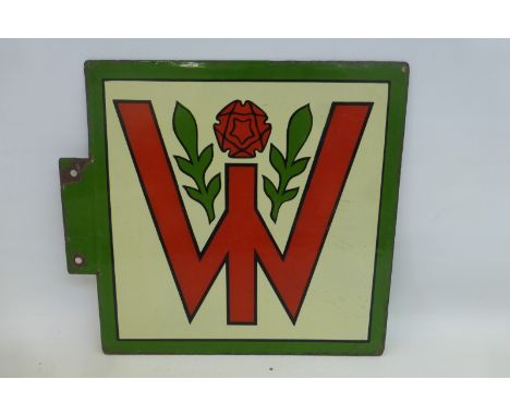 A small and unusual double sided WI enamel sign with hanging flange (flat), 12 3/4 x 11 1/2".