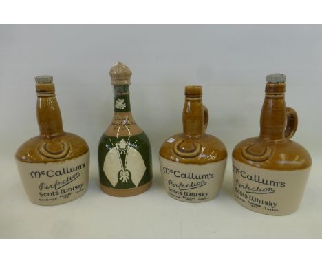 Three McCallum's Perfection Scots Whisky jugs by Buchan, Portobello Edinburgh and a Copeland Spode Coronation of King V and Q