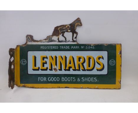 A small Lennards "for good boots and shoes" die-cut double sided enamel sign with hanging flange, 13 1/2 x 9".