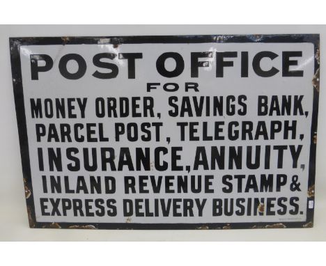 A "Post Office for Money Order, Savings bank..." rectangular enamel sign by Chromo, 26 x 17".