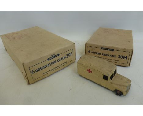 Two early Dinky Toys trade boxes, one empty for six observation coaches, 29F and the other for four Daimler ambulances, 30H w