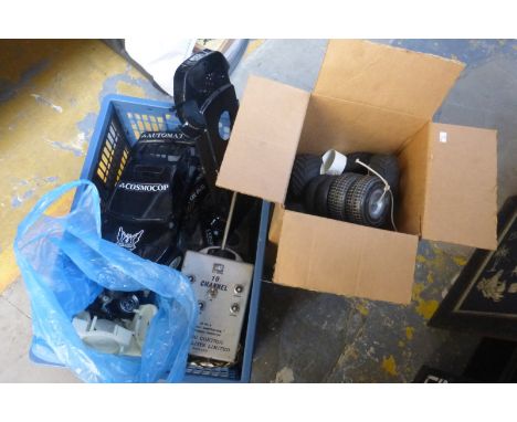 Two boxes of remote controlled model cars, controllers and accessories etc.