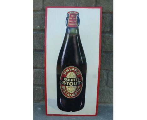 A rare Phipps "Ratliffe's Stout" of Northampton pictorial beer bottle enamel sign, restored, 16 1/2 x 34 1/2".