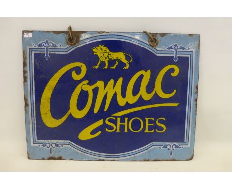 A Comac Shoes double sided rectangular enamel sign, 16 x 12".
