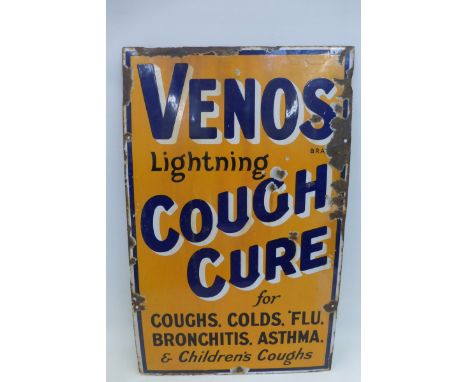 A Venos Cough Cure rectangular ebamel sign, by Patent Enamel, 15 x 24".