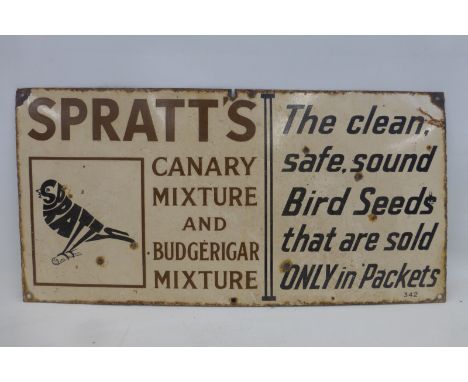 A Spratt's Canary Mixture and Budgerigar Mixture rectangular enamel sign, 24 x 12".