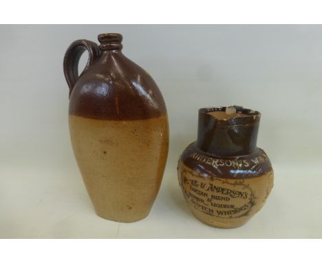 A salt glazed earthenware flask and a Poole & Anderson's Whiskies Doulton Lambeth stoneware jug.