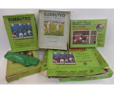 A collection of Subbuteo table soccer and table cricket sets.