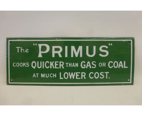 A "Pimms" "Quicker than Gas or Coal" rectangular enamel sign in near mint condition, 16 1/4 x 6".