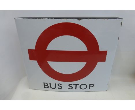 A London Transport Compulsory Bus Stop shaped double sided enamel sign by Burnham of London, 18 x 15 3/4".