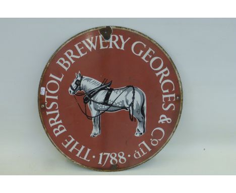 A Georges & Co. Ltd Bristol Brewery circular enamel sign with central pictorial standing drey horse 13 3/4" diameter.