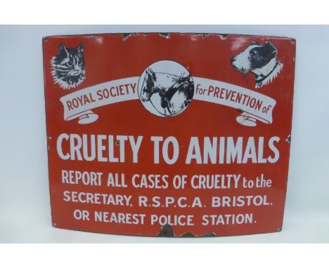 A Royal Society for the Prevention of Cruelty to Animals rectangular enamel sign with three images of a cat, a dog and a hors