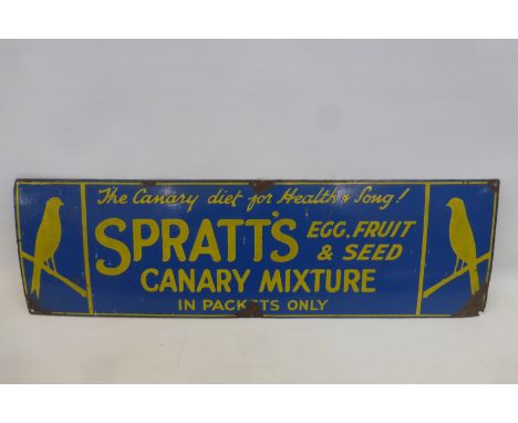 An unusual Spratt's Canary Mixture part pictorial enamel sign, 30 x 9".