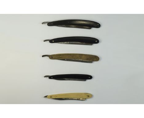 A selection of five vintage cut throat razors with some boxes. Includes miniature Elmo, Hollow ground Timor (chipped blade), 