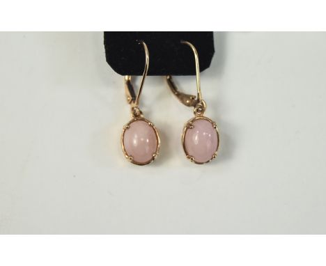 Pink Opal Drop Earrings, oval cut cabochons of pink opal, mined in Peru, set as solitaire drops from rose gold vermeil and si