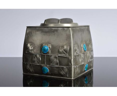 An Arts & Crafts period pewter and enamelled biscuit barrel designed by Archibald Knox for Liberty & Co, 15cm wide and 14cm h