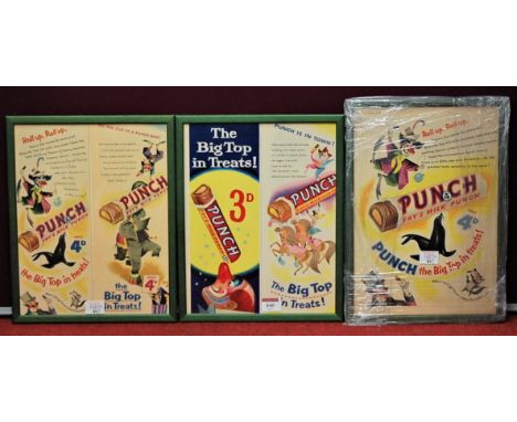 A set of three advertising prints for Punch chocolate, each 31 x 24cm; together with a framed Private Eye cover from 16th May