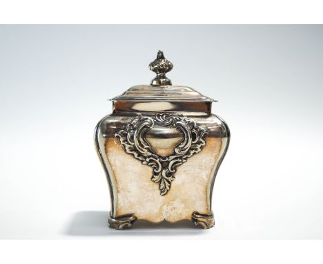 A Walker & Hall Silver plated tea caddy, of rectangular baluster form, with Rococo style decoration, 13.5cm high